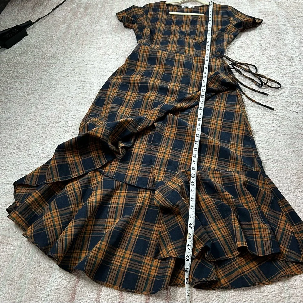Stelen Cotton Plaid Wrap Dress Orange Navy Green Fall Plaid Size Med Ruffle Hem - Picture 9 of 9